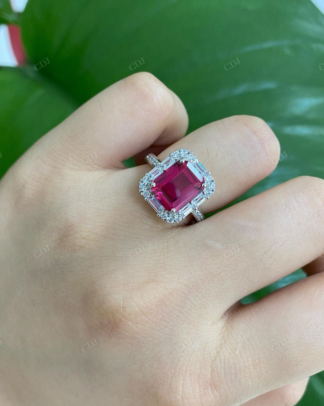 Colored Emerald Cut Halo Moissanite Ring