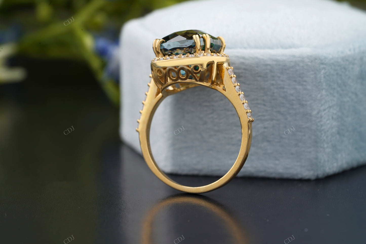 Teal Cushion Moissanite Double Halo Ring