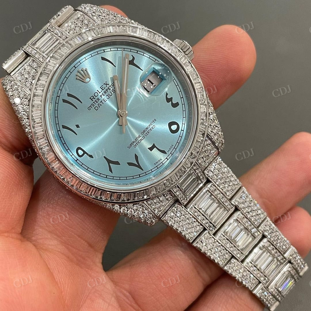 Custom Luxury Fashion Ice Out Rolex Diamond Light Blue Dial Moissanite Watch customdiamjewel