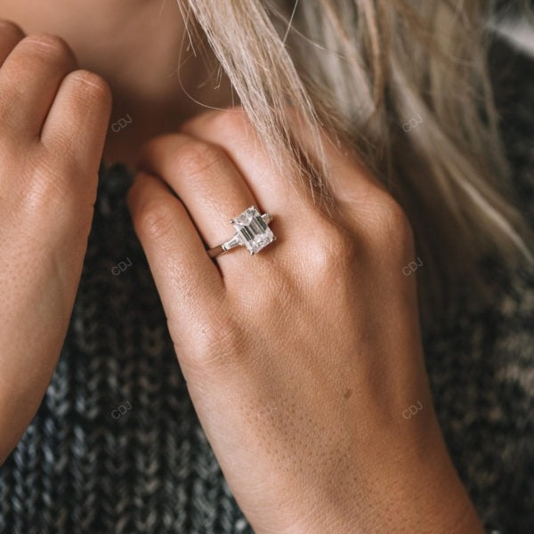 Emerald Cut Lab Diamond Three Stone Yellow Gold Ring
