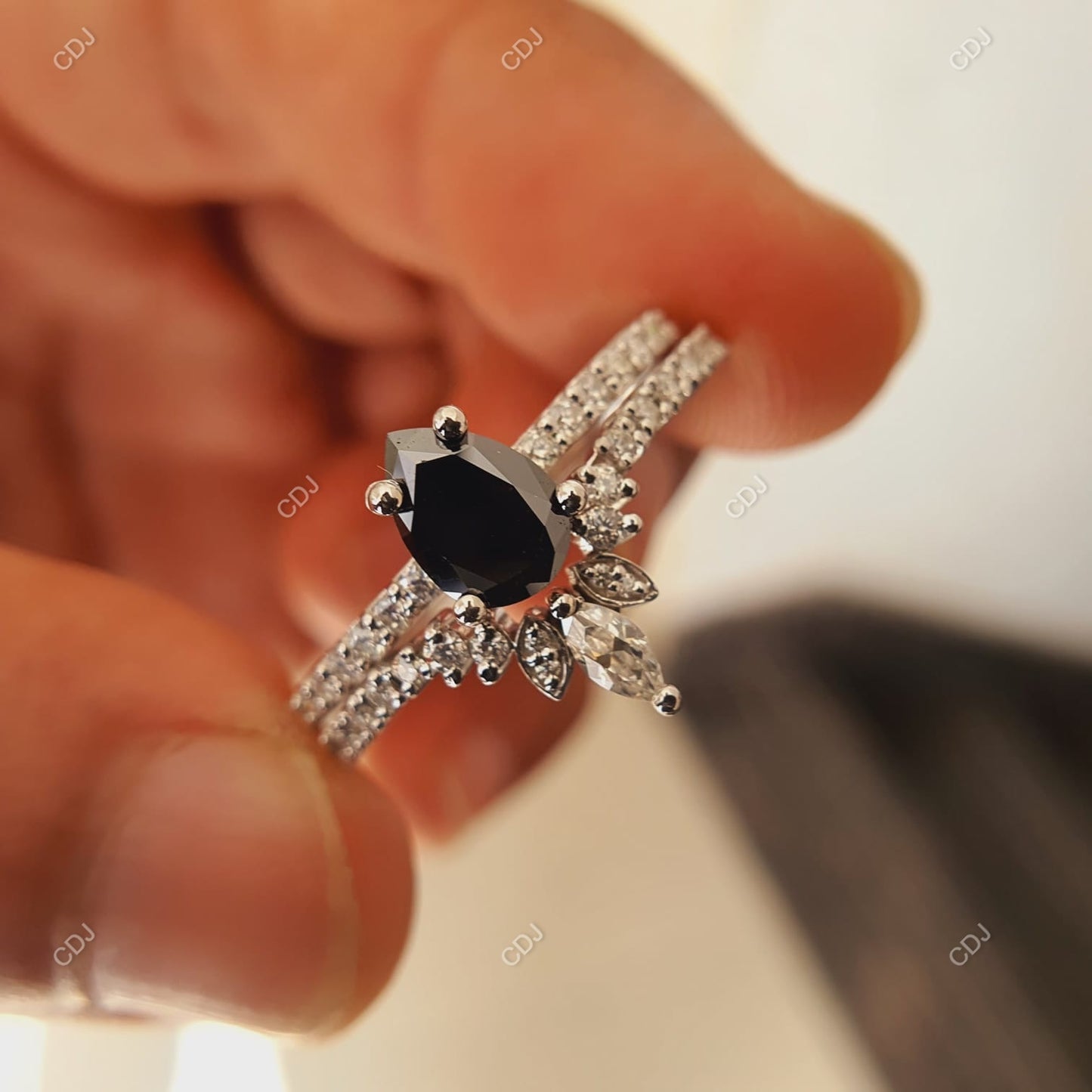 1.56 CTW Pear Cut Black Rutilated Moissanite Bridal Ring Set