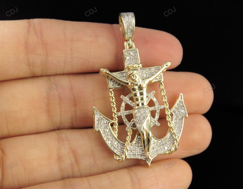 Yellow Gold Crucifix Jesus Anchor CVD Diamond Pendant hip hop jewelry CustomDiamJewel