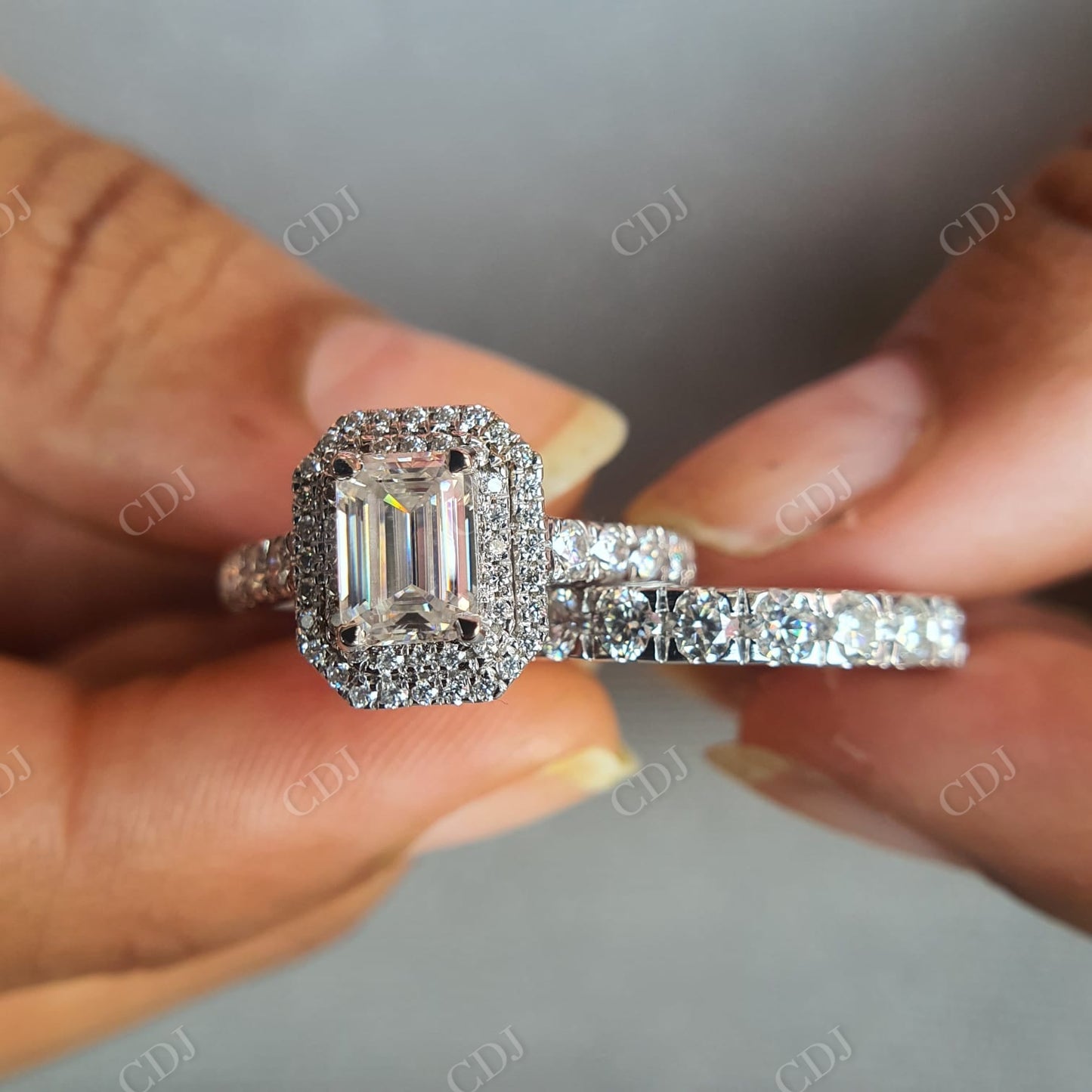 Emerald Cut with Side Round Cut Moissanite and Half Eternity Engagement Ring customdiamjewel