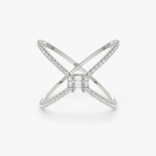 0.34CTW Round And Baguette Cut Natural Diamond Cress Cross Ring  customdiamjewel 10 KT Solid Gold White Gold VVS-EF