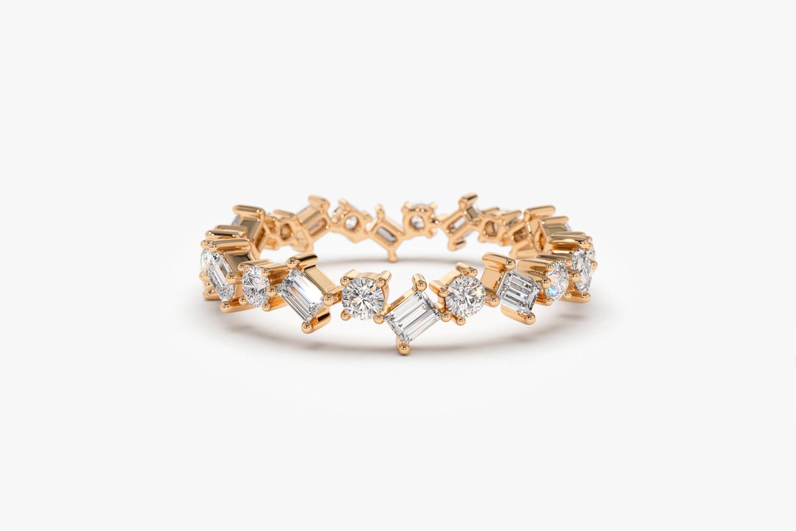 0.81CTW Baguette And Round Cut Natural Diamond Wedding Band customdiamjewel 10 KT Solid Gold Rose Gold VVS-EF