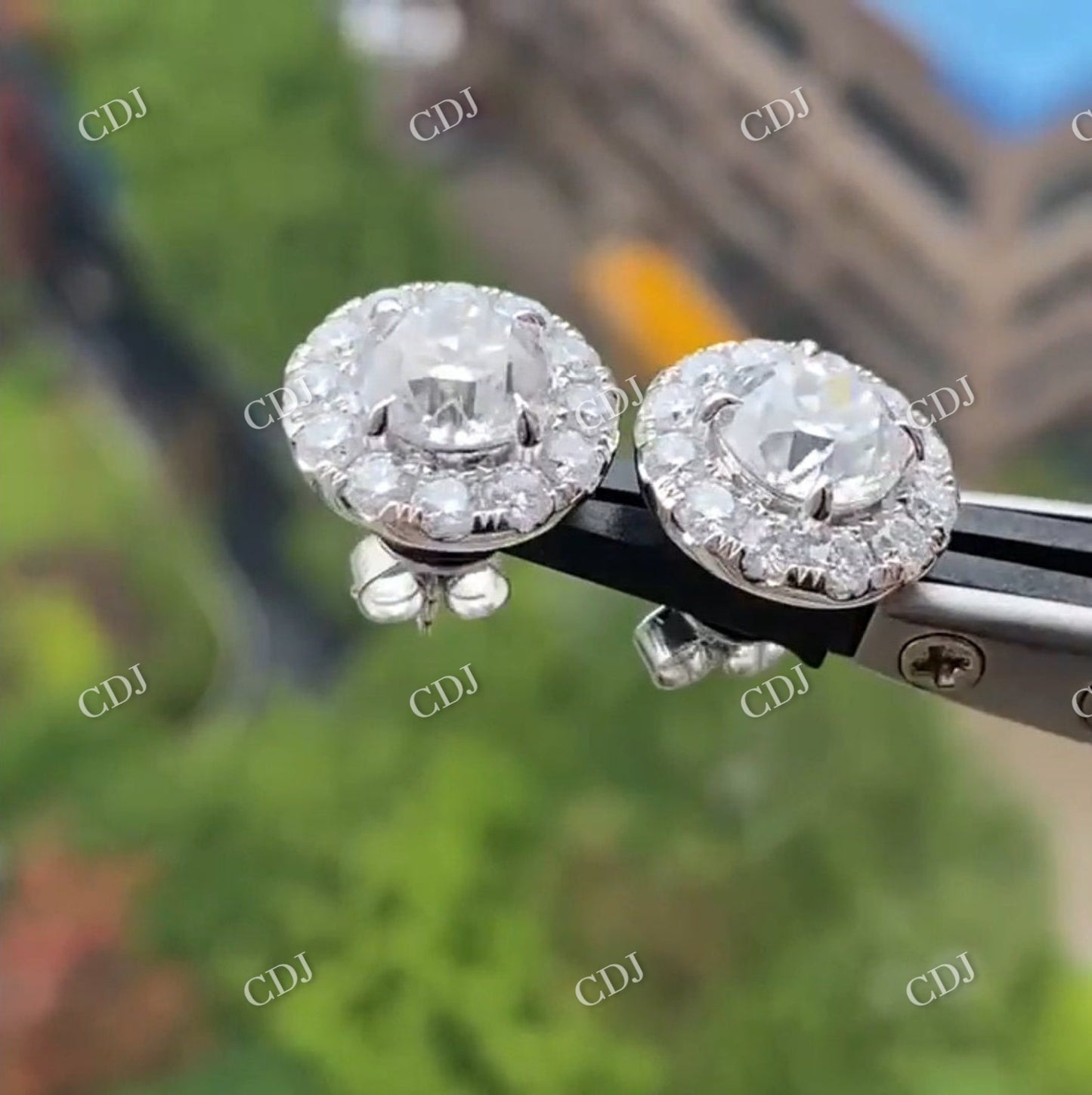 Old European Cut Moissanite Round Halo Stud Earrings customdiamjewel