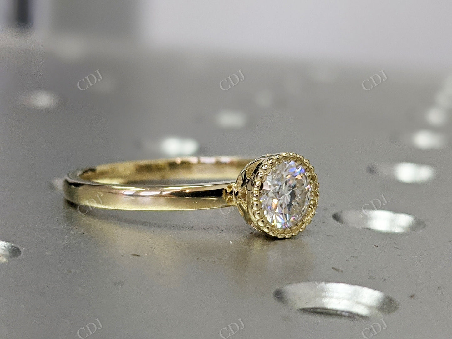Yellow Gold Round Bezel Ring Unique Milgrain Moissanite Engagement Ring customdiamjewel