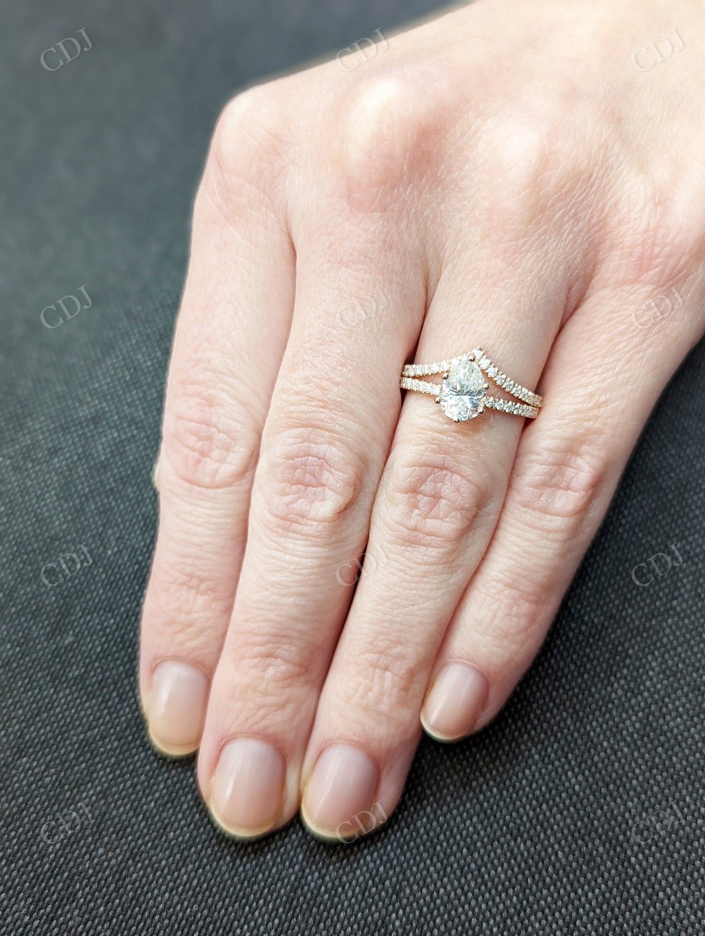 Pear Shape Moissanite Rose Gold Chevron Band Bridal Ring Set customdiamjewel