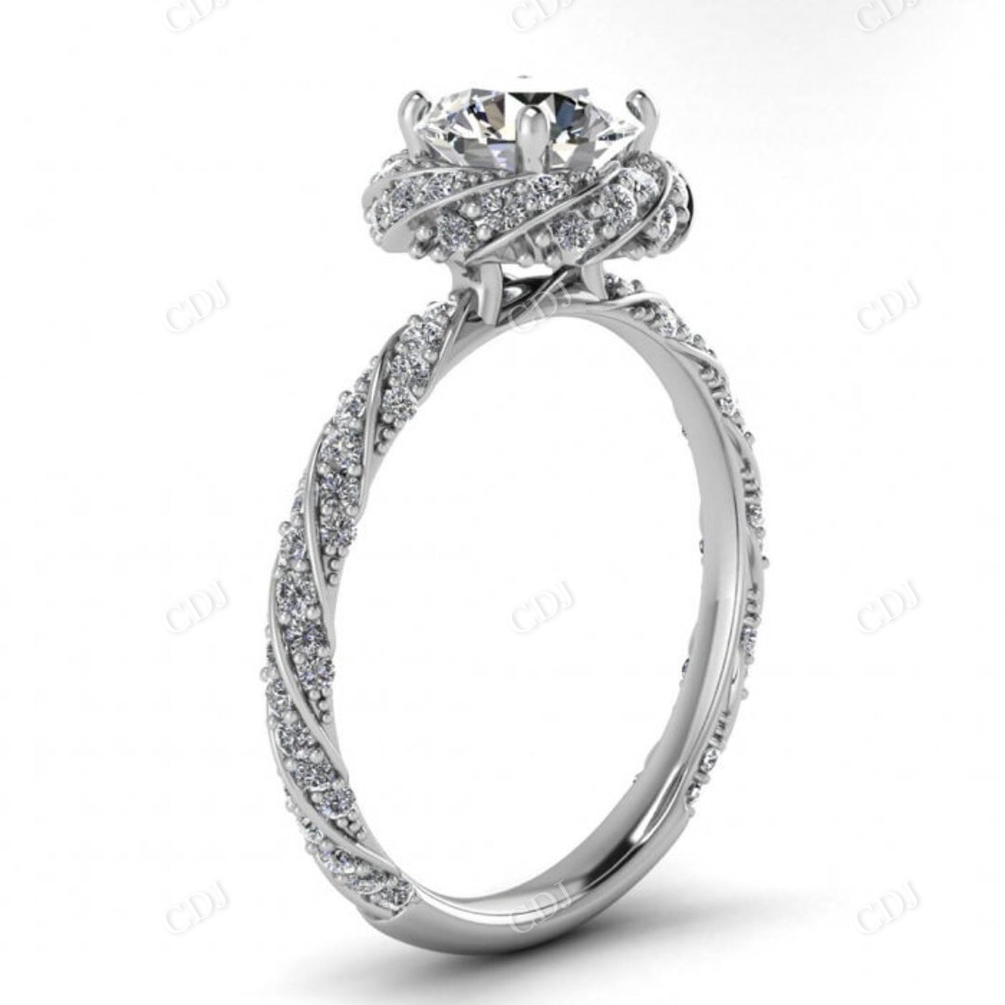 Classy Twisted Halo And Eternity Round Moissanite Engagement Ring customdiamjewel
