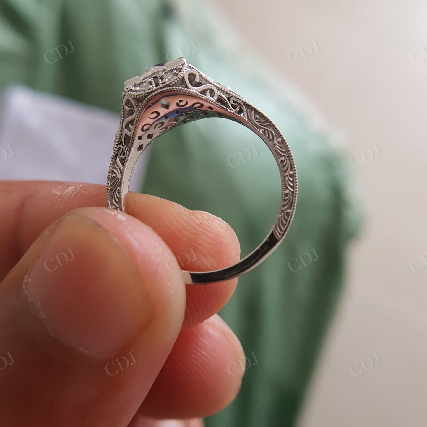 Old European Antique Moissanite Engagement Ring, Art Deco Textured Wedding Band Ring customdiamjewel