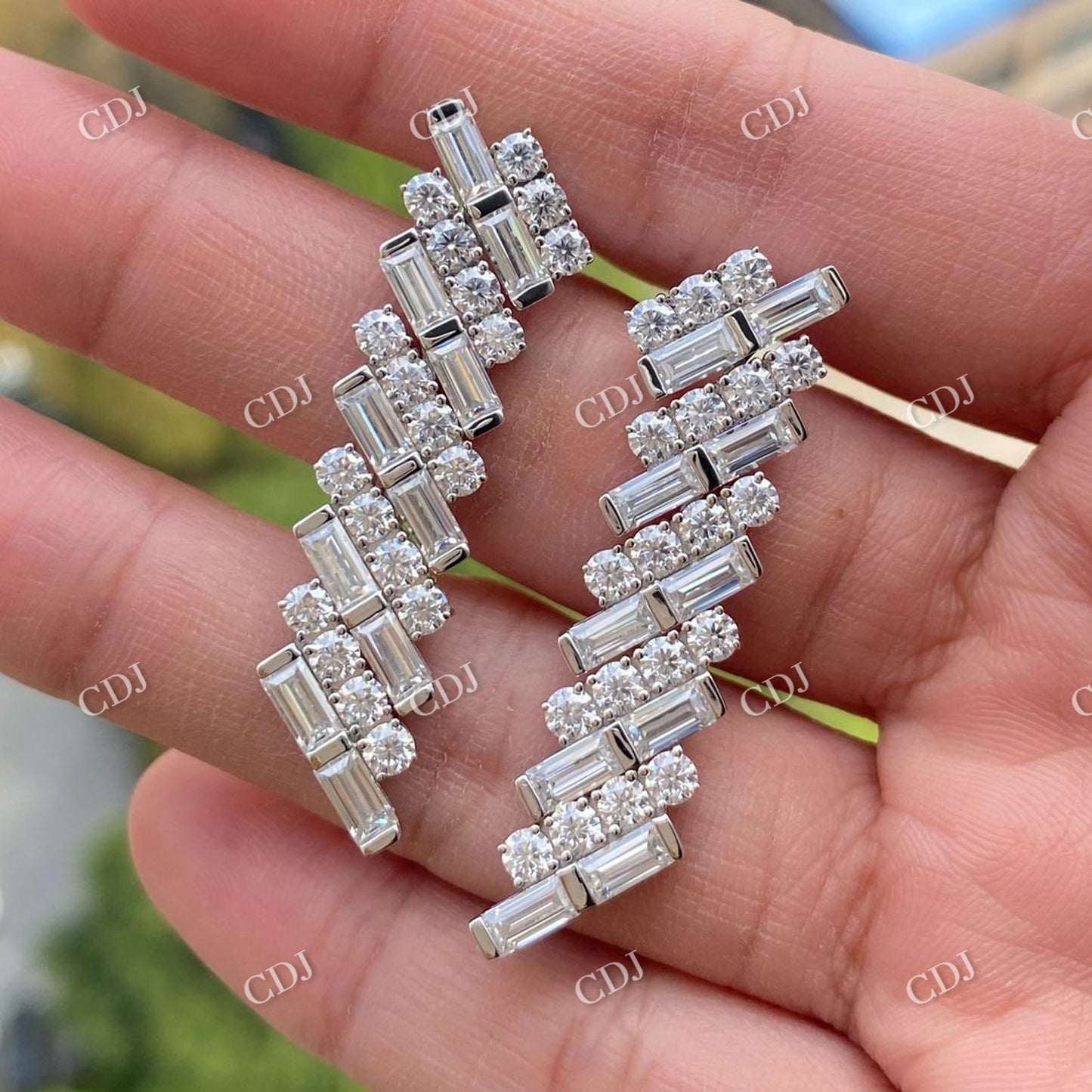 Baguettes and Round Cut Moissanite 14K White Gold Stud Earrings customdiamjewel