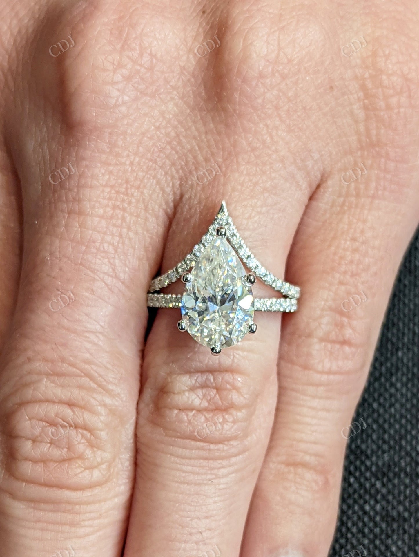 Pear Cut Moissanite White Gold Chevron Band Bridal Ring Set customdiamjewel