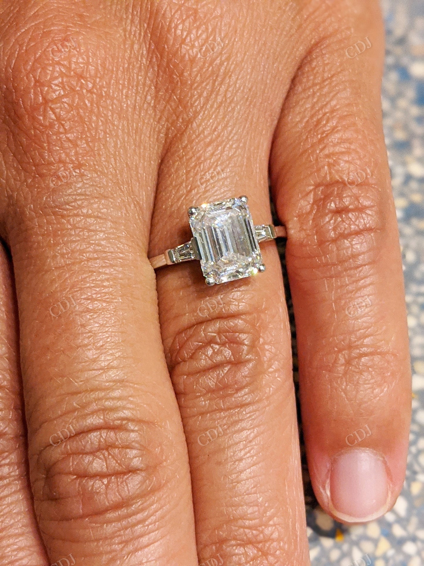 Emerald Cut Moissanite White Gold Three Stone Engagement Ring customdiamjewel