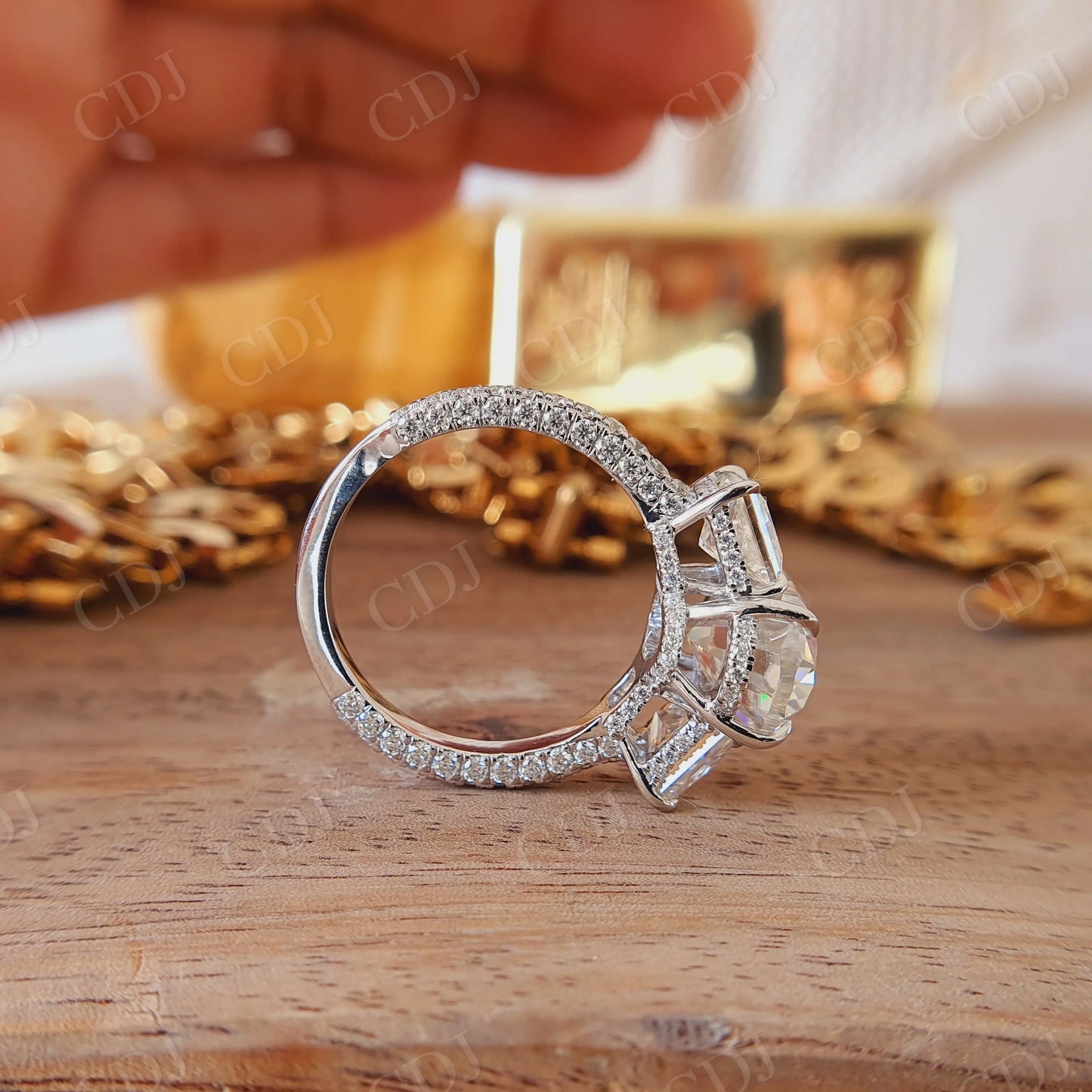 5.81CT Oval Cut Halo Three Stone Moissanite Engagement Ring customdiamjewel