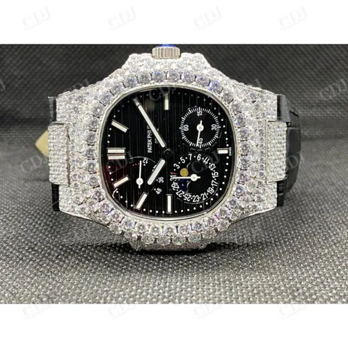 Automatic Movement Moissanite Studded Black Strap Patek Philippe Watch customdiamjewel