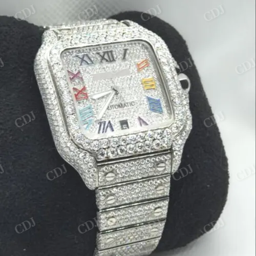 Fully Iced Out Cartier Santos Rainbow Digit Watch customdiamjewel