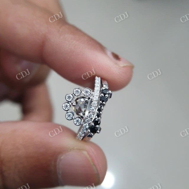 Paw Salt And Pepper Ring Round Cut Black Stone Band Moissanite Bridal Set customdiamjewel