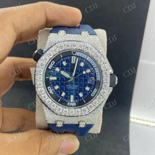 Blue Silicone Strap Iced Out watch customdiamjewel
