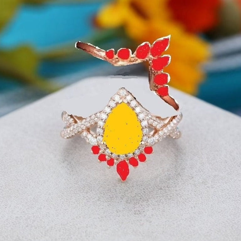 Sterling Silver Citrine Pear Shape CZ Stone Rose Gold Plated, Round Side CZ Stone Ring customdiamjewel