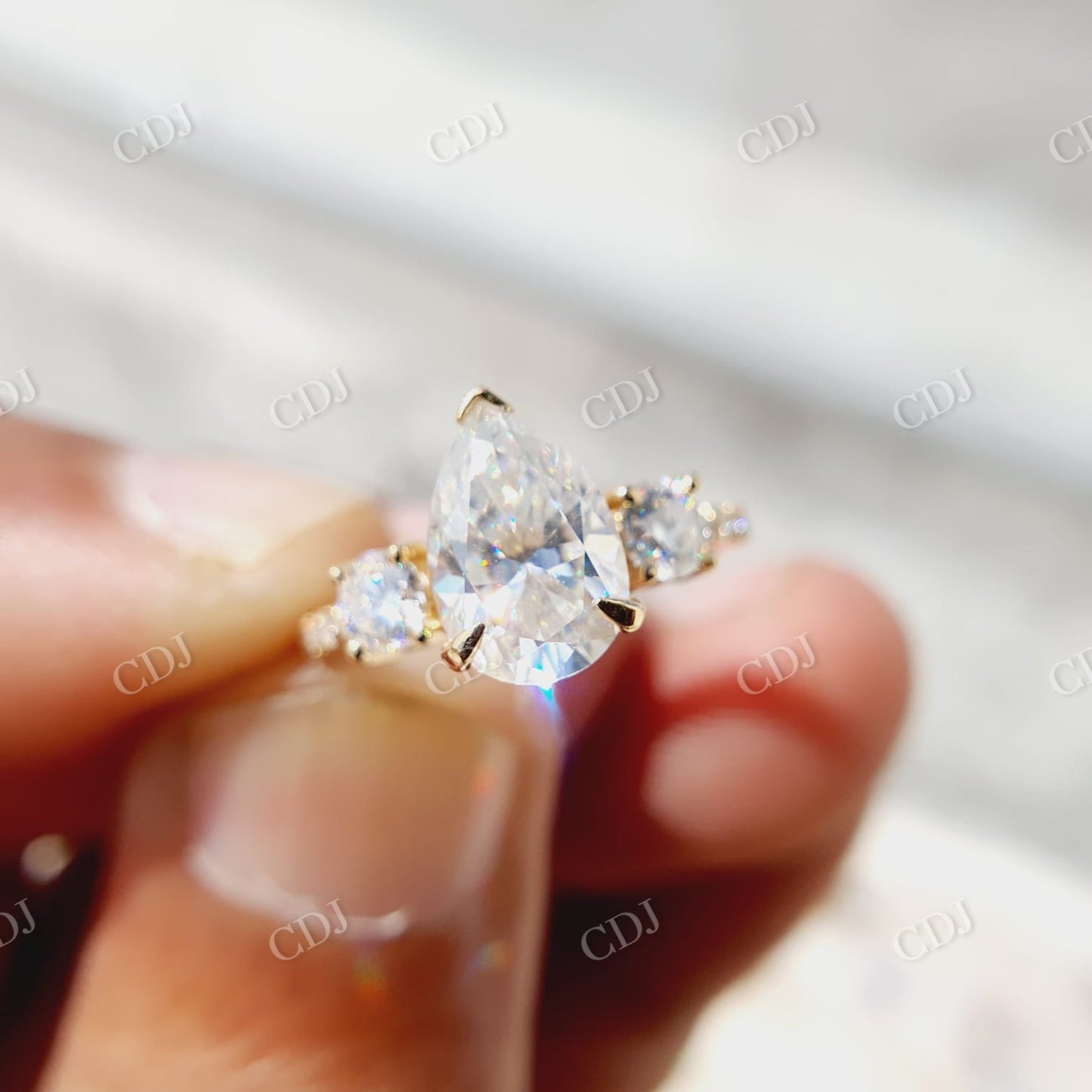 Three Stone Pear Cut Moissanite Engagement Ring, Round Cut Ring customdiamjewel