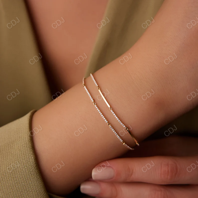 14k Solid Gold Pave Stackable Natural Diamond Bar Bracelet customdiamjewel