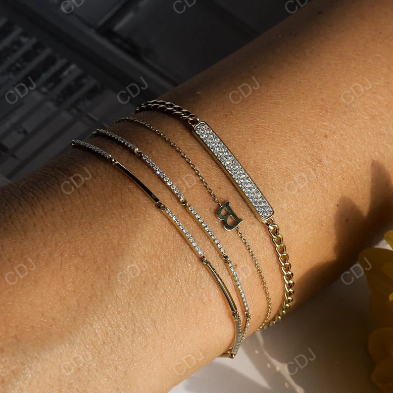 14k Gold 3MM Curb Link Diamond Pave Bar Bracelet customdiamjewel