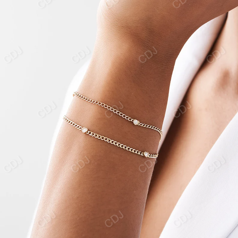 2MM Cuban Curb Link Chain Heart Shape Bezel with a Round Solitaire Diamond Bracelet customdiamjewel