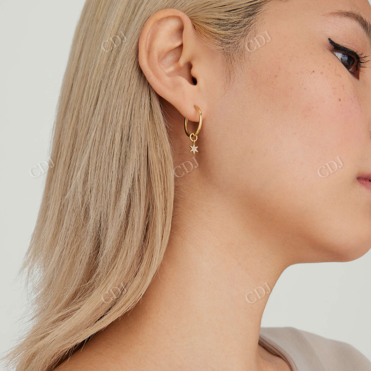 Natural Diamond Single Pave Star Shape 14K Gold Hoop Earrings customdiamjewel
