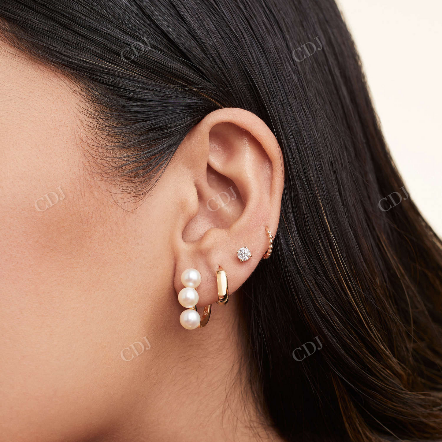 Unique Bold Pearl Trio 14K Solid Gold Hoops Earring customdiamjewel