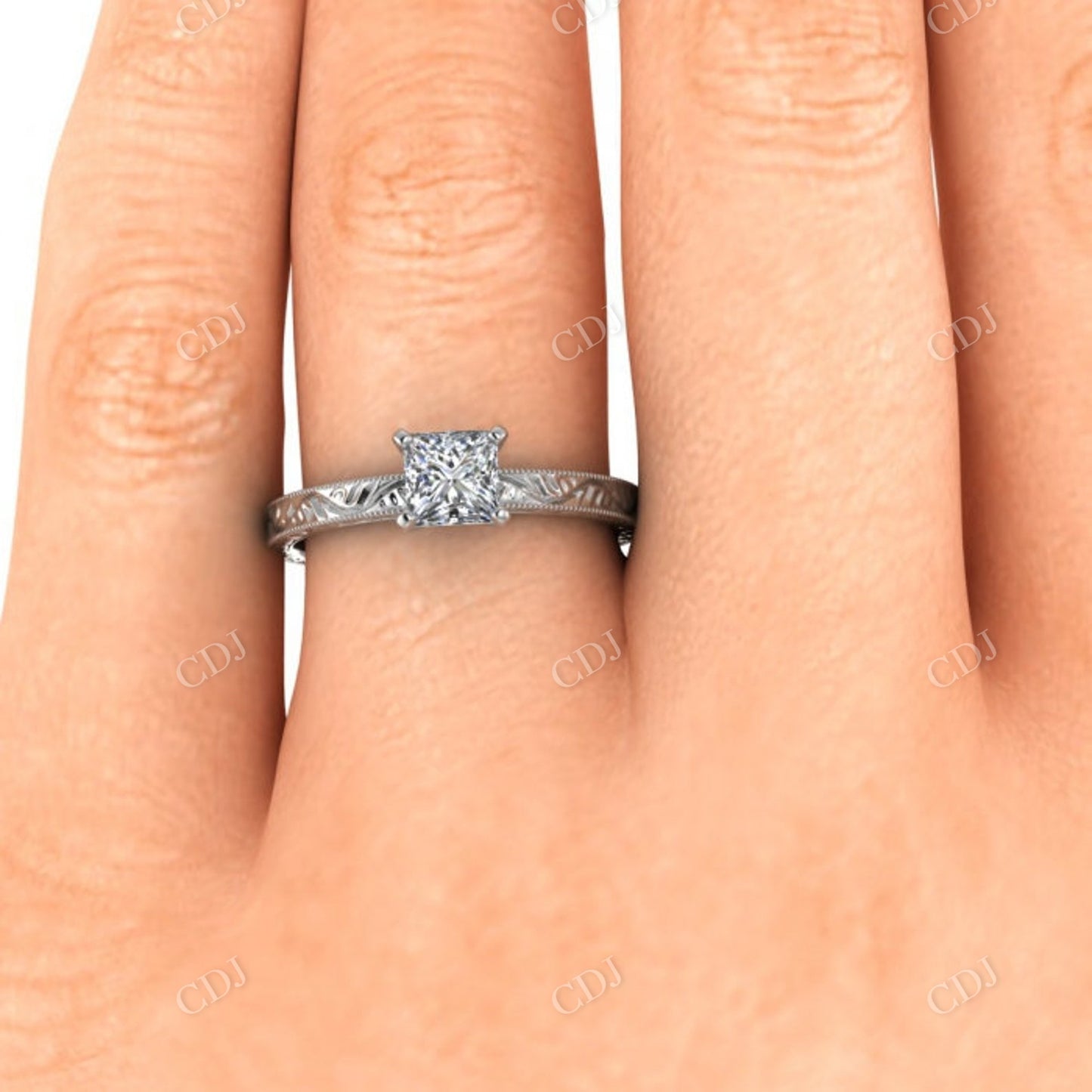 Princess Cut Moissanite Micro Pave Designer Band White Gold Solitaire Ring customdiamjewel
