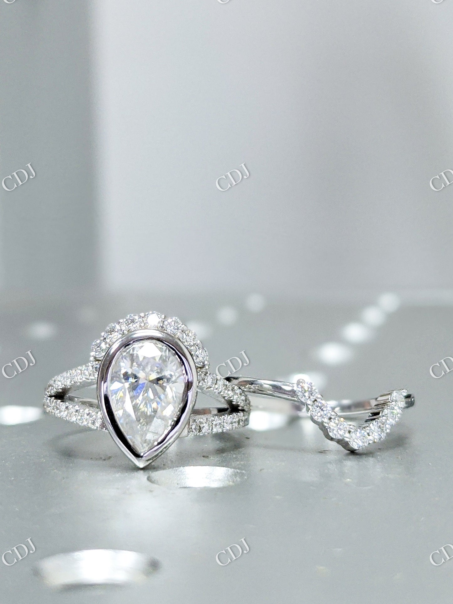 Pear Shaped Moissanite Vintage White Gold Bridal Ring Set customdiamjewel