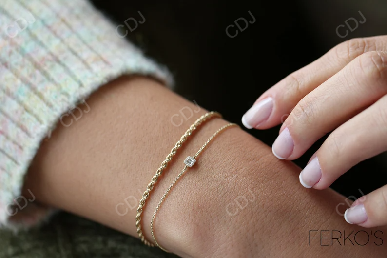 14K Gold Tiny White Baguette and Round Diamond Station Bracelet customdiamjewel