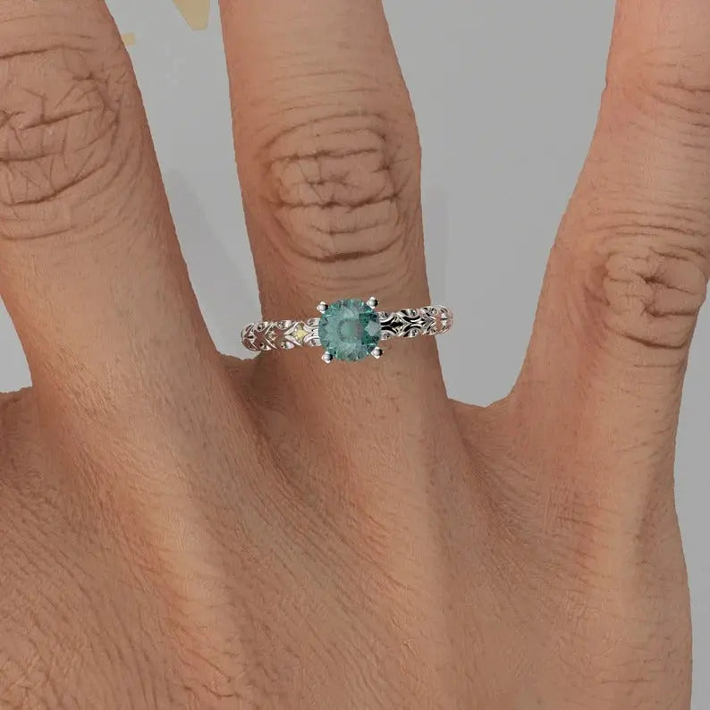 Two Tone Portuguese Cut Cyan Blue Moissanite Ring customdiamjewel