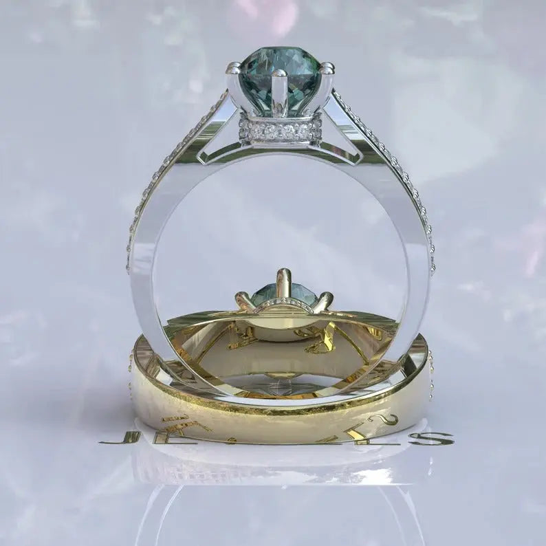 Hidden Halo Portugauese Cut Cyan Blue Moissanite Ring customdiamjewel