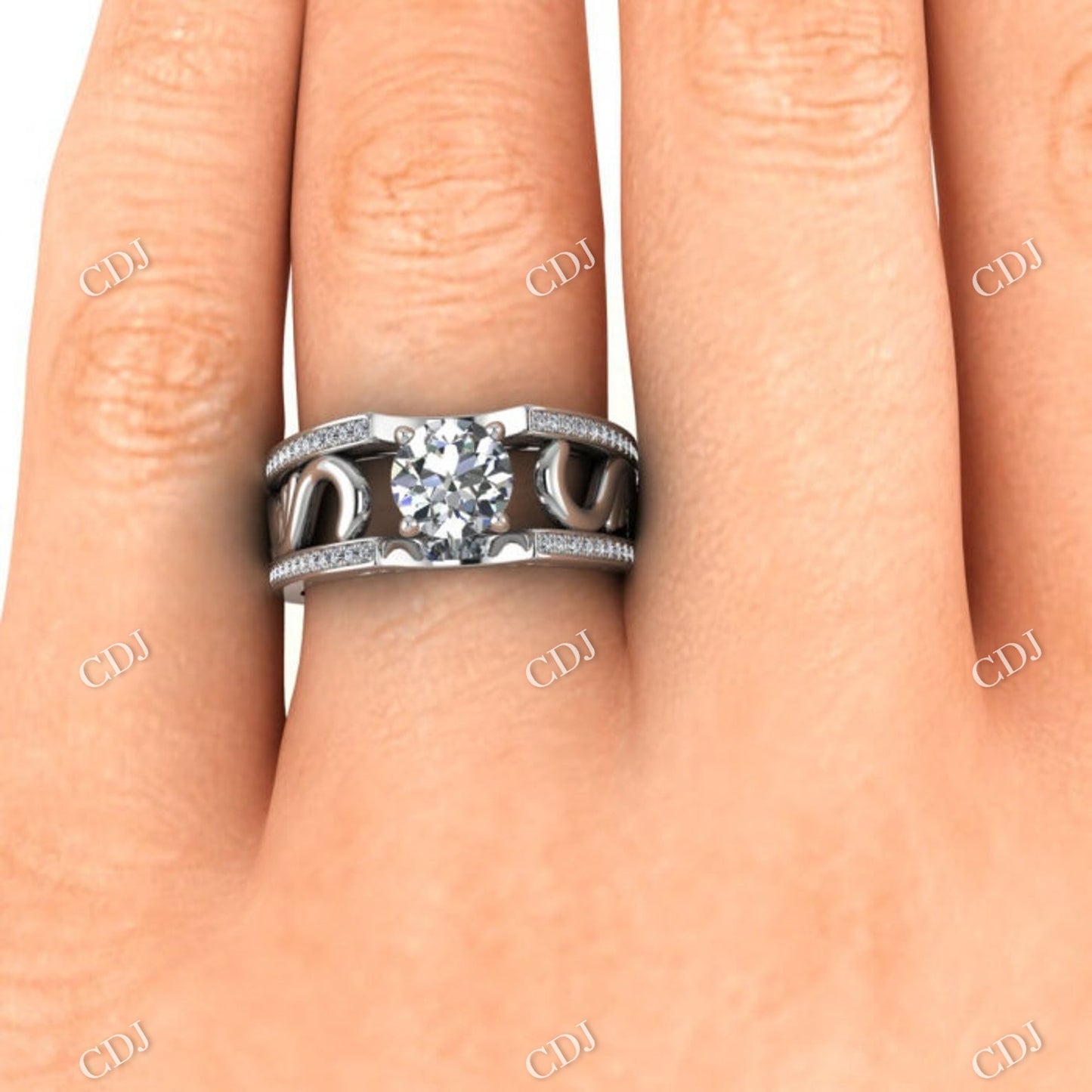 White Gold Vintage Style Wide Band Moissanite Ring customdiamjewel
