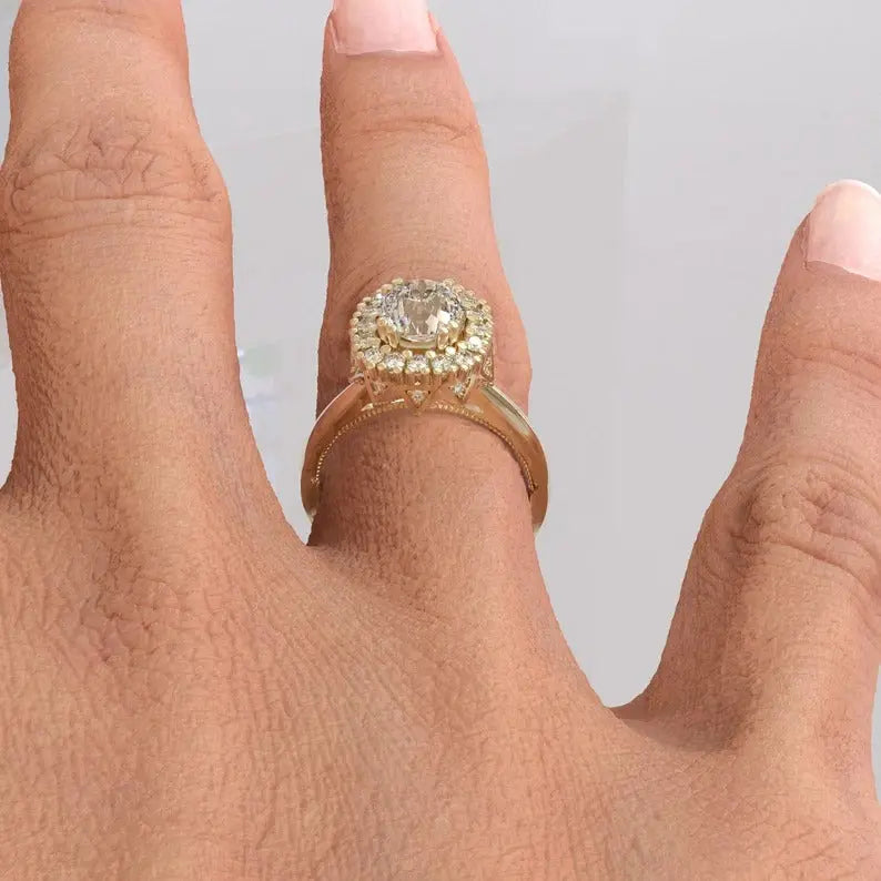 Halo Portuguese Cut Colorless Moissanite Ring customdiamjewel