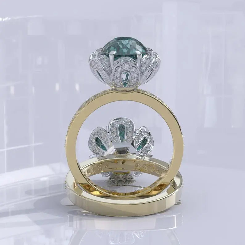 Halo Cyan Blue Portuguese Cut Moissanite Ring customdiamjewel
