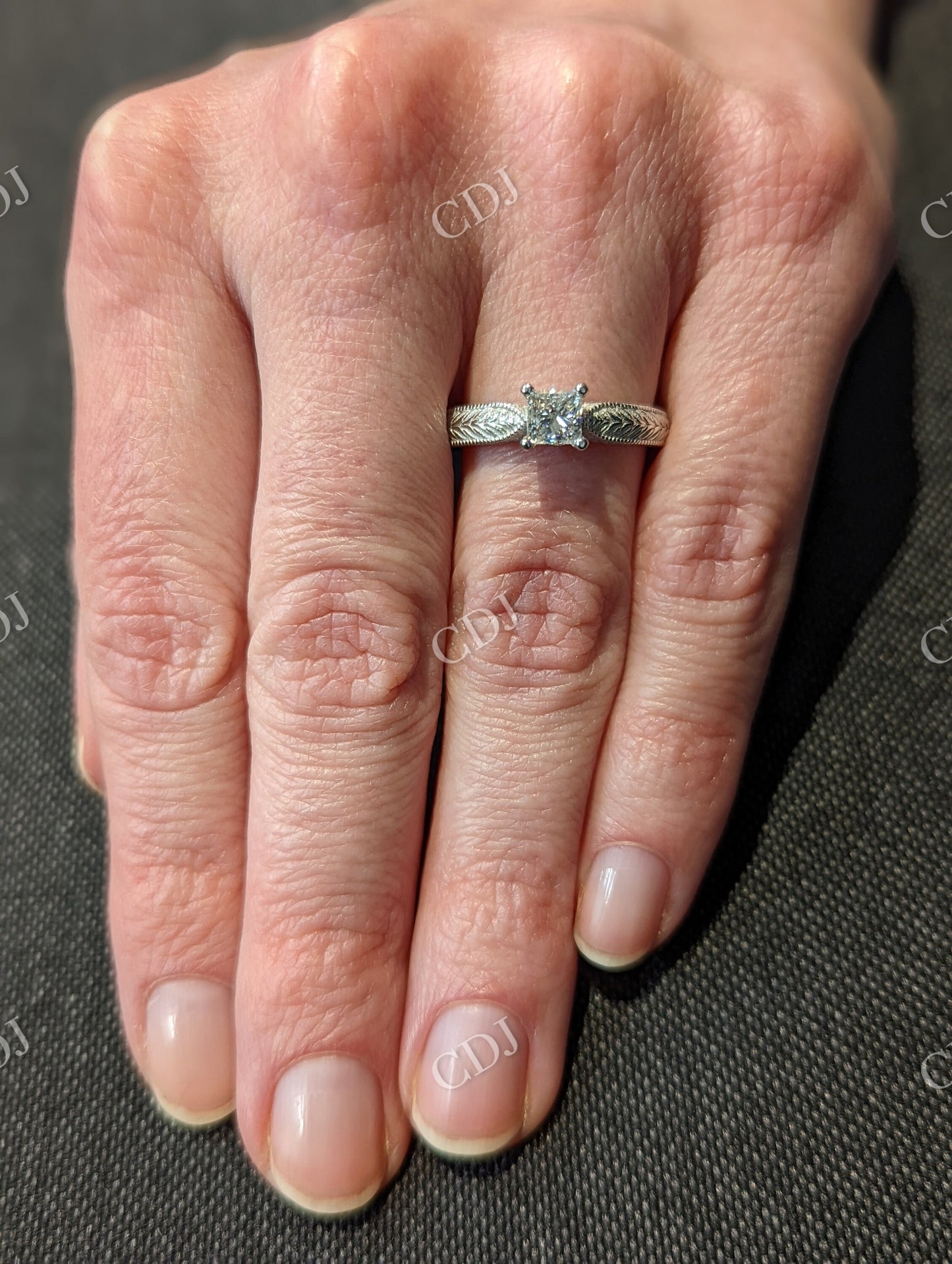 White Gold Princess Cut Moissanite Hand Engraved Ring customdiamjewel