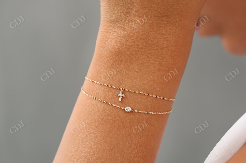 14k Yellow Gold Tiny Natural Diamond Cross Charm Bracelet customdiamjewel