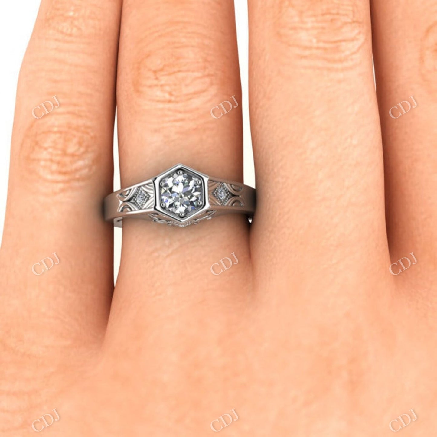 Round Cut Moissanite Hexagon Bezel Set White Gold Vintage Ring customdiamjewel