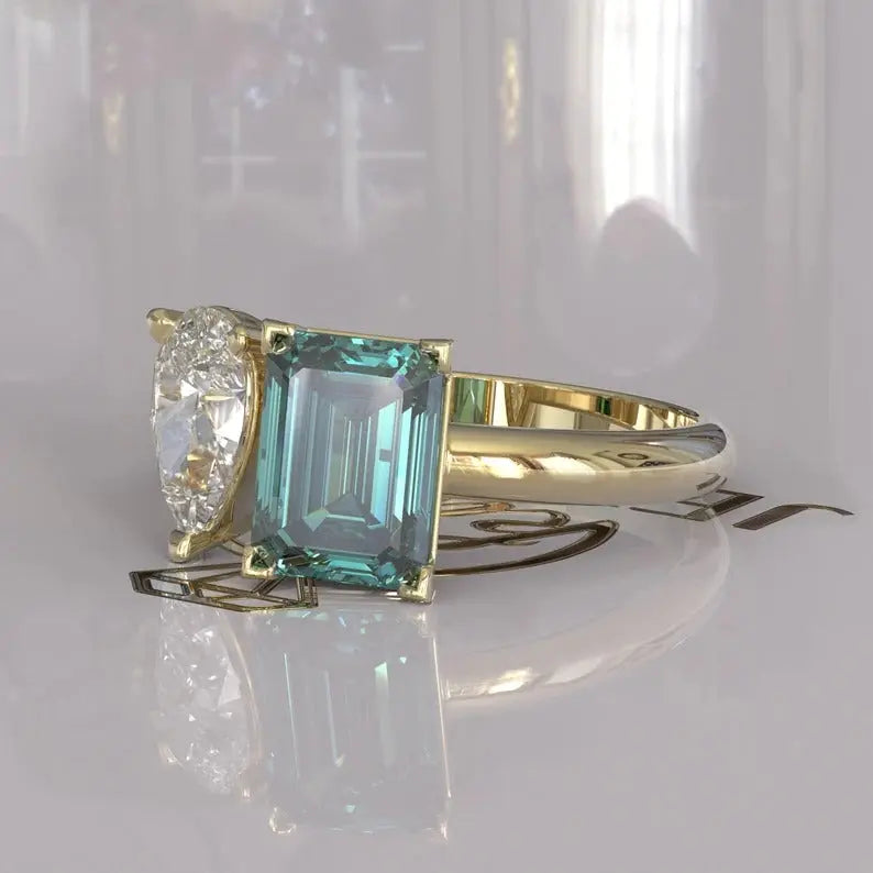 Cyan Blue Emerald Cut Toi Et Moi Moissanite Ring customdiamjewel