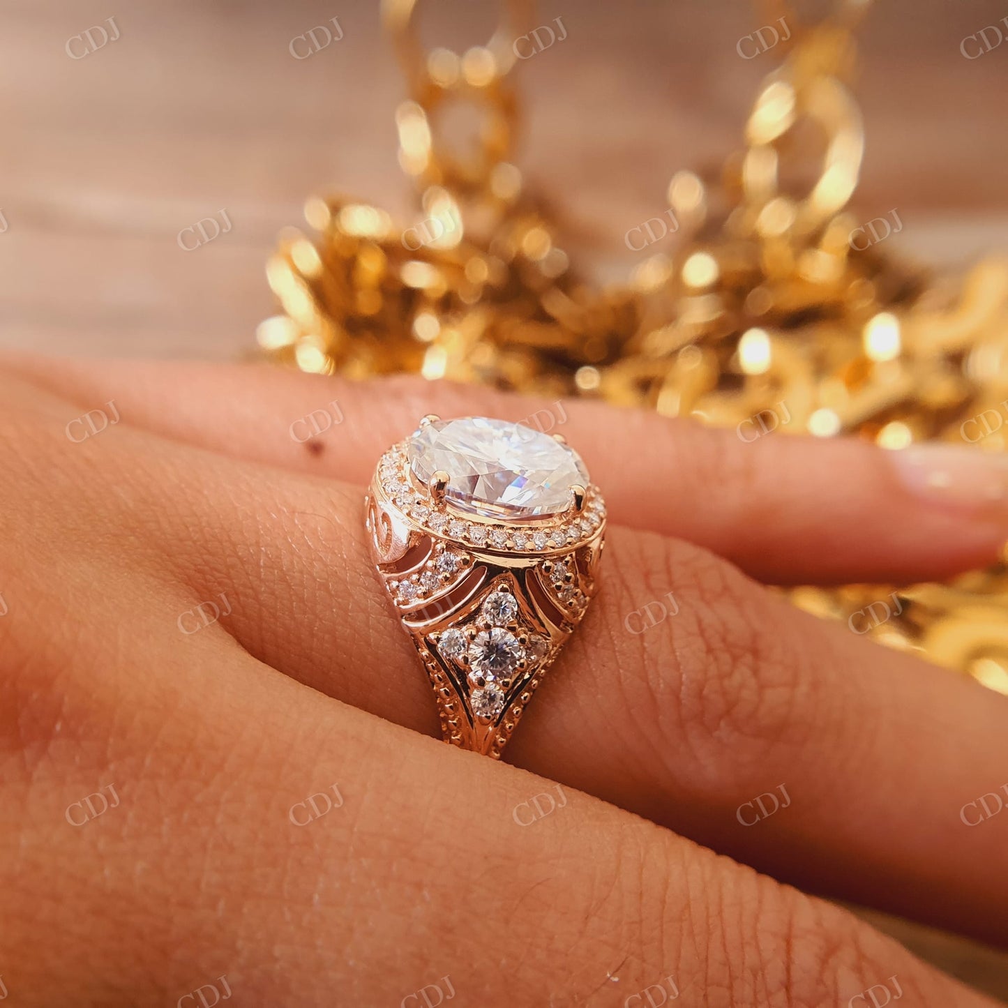 Art Deco Oval Cut Moissanite With Round Cut Engagement Ring customdiamjewel