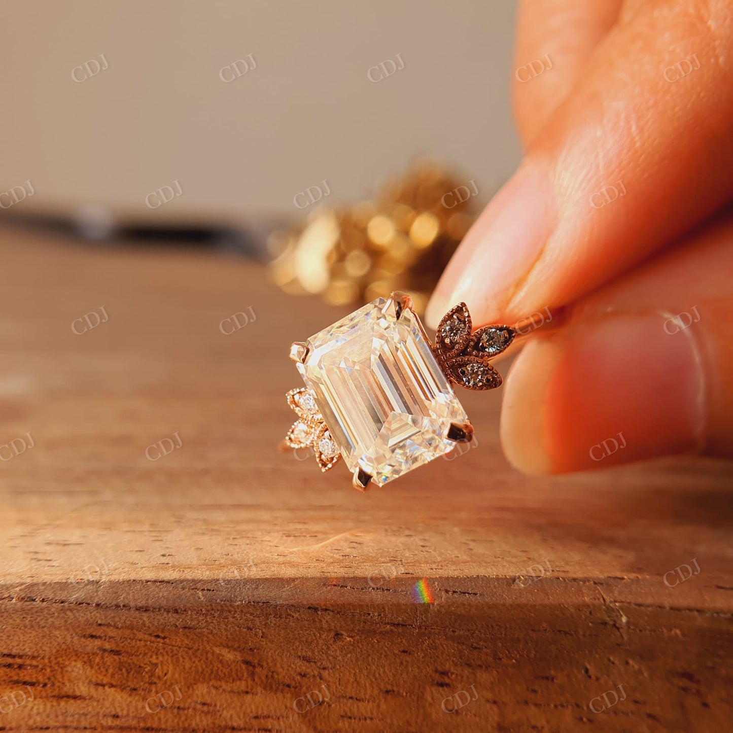 Emerald Cut Moissanite Side Three Stone Engagement Ring customdiamjewel