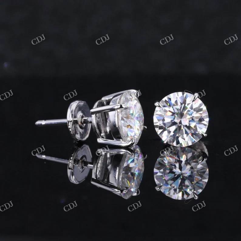 14K Solid White Gold Dainty Round Cut Moissanite Stud Earring customdiamjewel