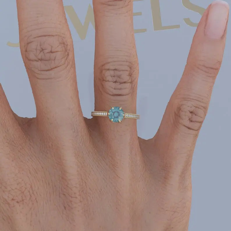 Portuguese Cut Cyan Blue Moissanite Ring customdiamjewel