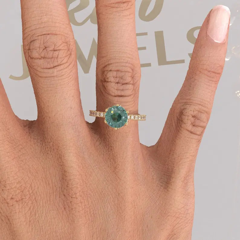 Cyan Blue Portuguese Cut Moissanite Engagement Ring customdiamjewel