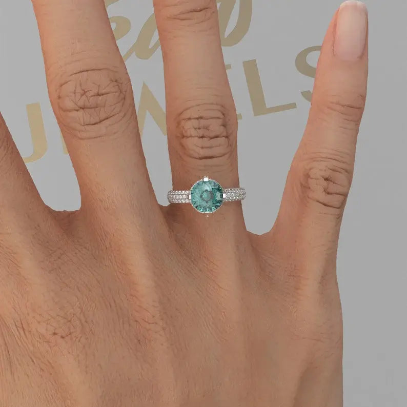 Cyan Blue Hidden Halo Moissanite Engagement Ring customdiamjewel