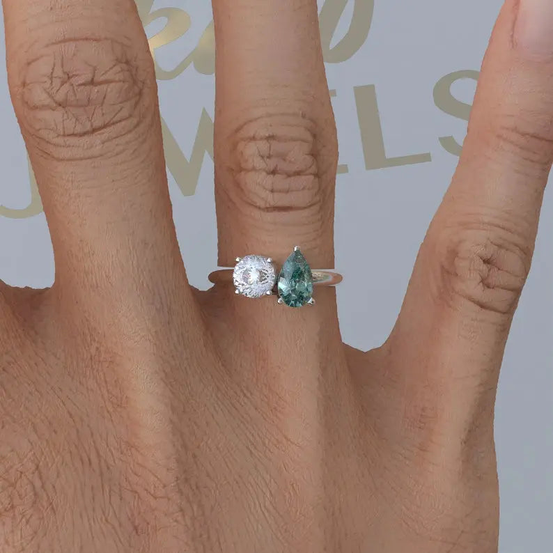 Toi Et Moi Cyan Blue Pear Cut Moissanite Ring customdiamjewel