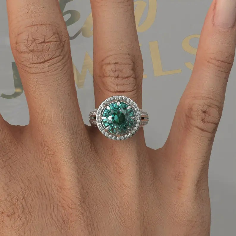 Art Deco Cyan Blue Portuguese Cut Moissanite Ring customdiamjewel