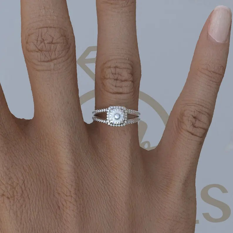 Portuguese Cut Halo Moissanite Engagement Ring customdiamjewel